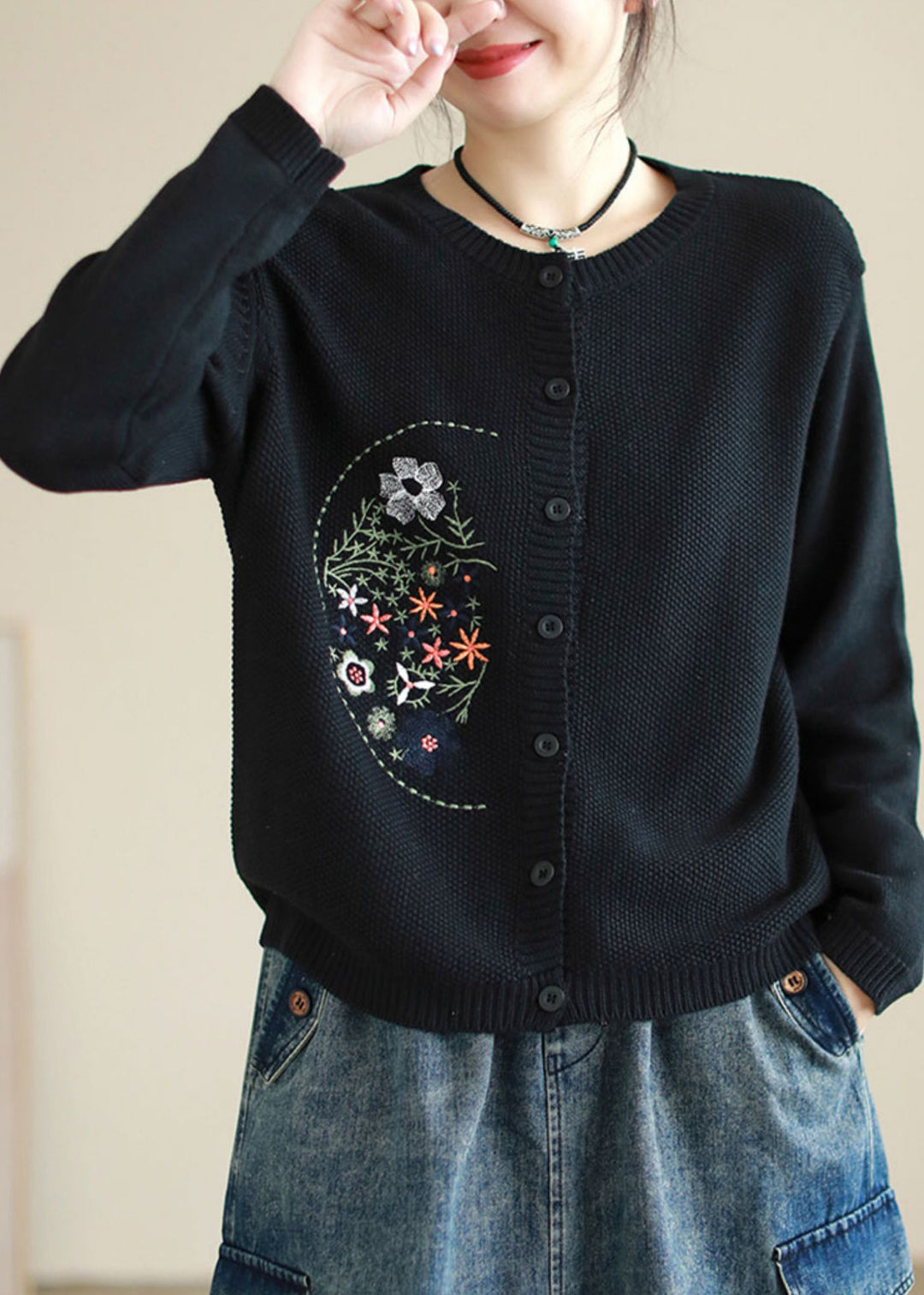 Style Coffee Embroideried Button Patchwork Knitting Coats Fall