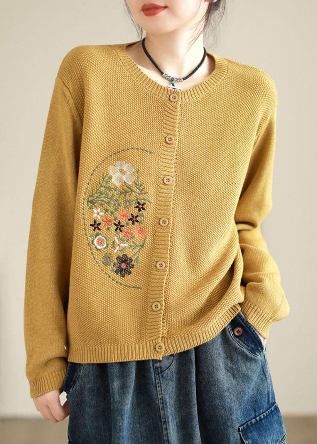 Style Coffee Embroideried Button Patchwork Knitting Coats Fall