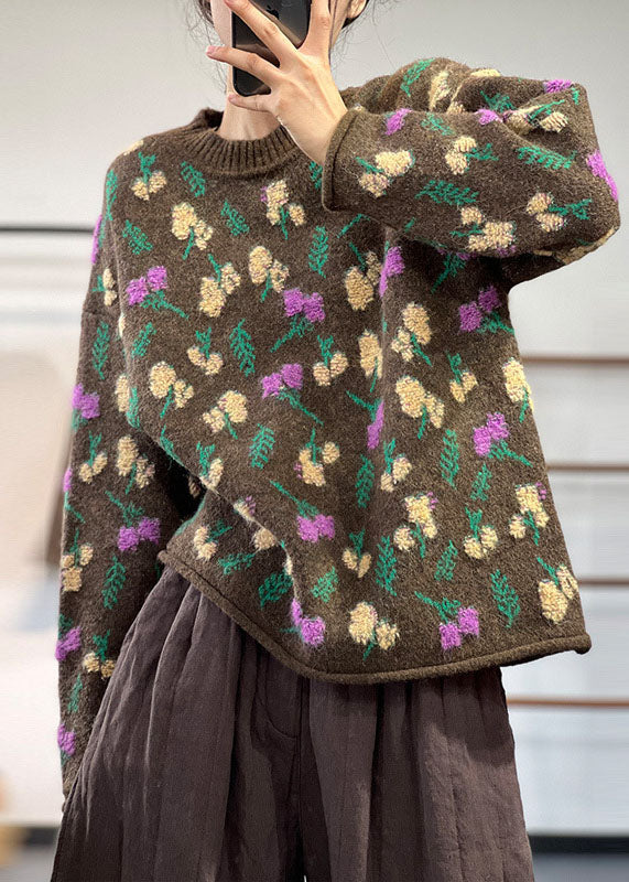 Style Coffee O-Neck Oversized Thick Jacquard Knit Sweaters Winter