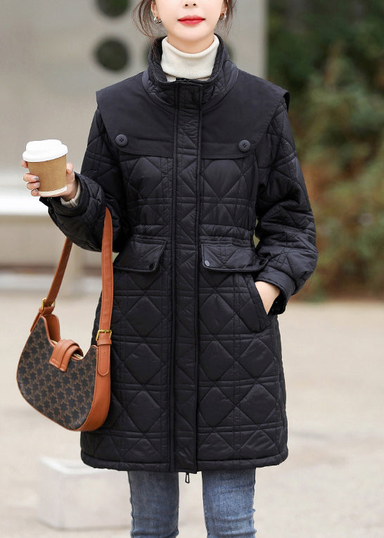 Style Coffee Stand Collar Pockets Patchwork Fine Cotton Filled Winter Coat