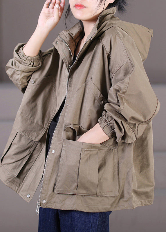 Style Chocolate Stand Collar Zippered Patchwork Button Pockets Hooded Coats Long Sleeve