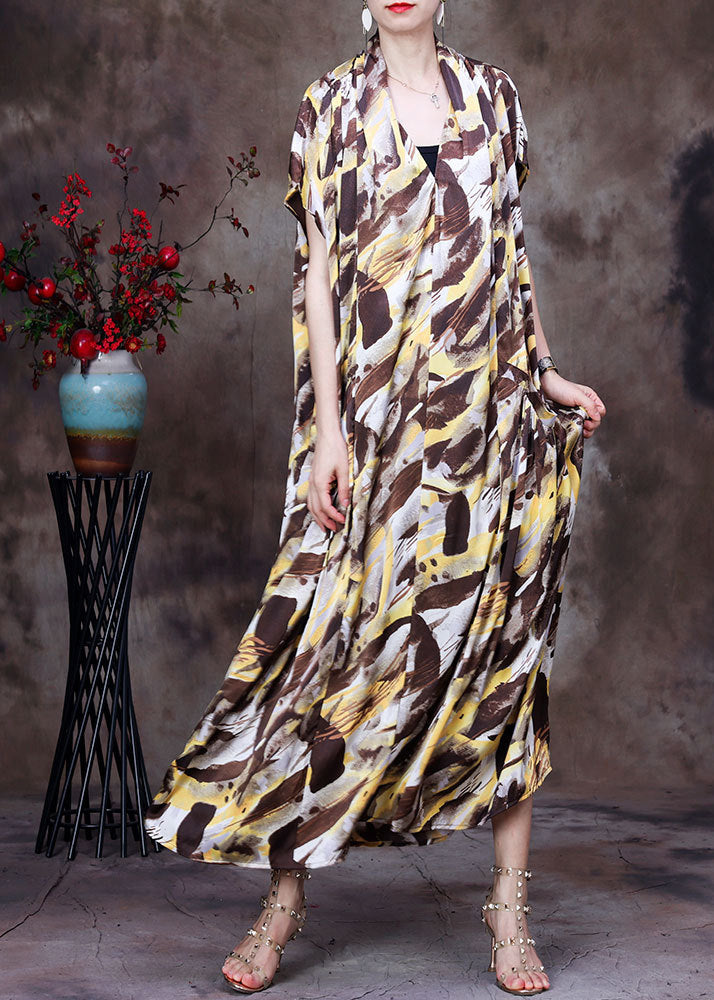 Style Coffee Yellow V Neck Camouflage Print Silk Holiday Long Dress Short Sleeve