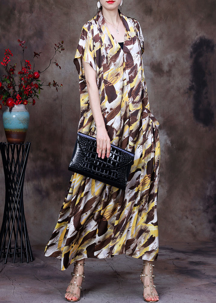 Style Coffee Yellow V Neck Camouflage Print Silk Holiday Long Dress Short Sleeve