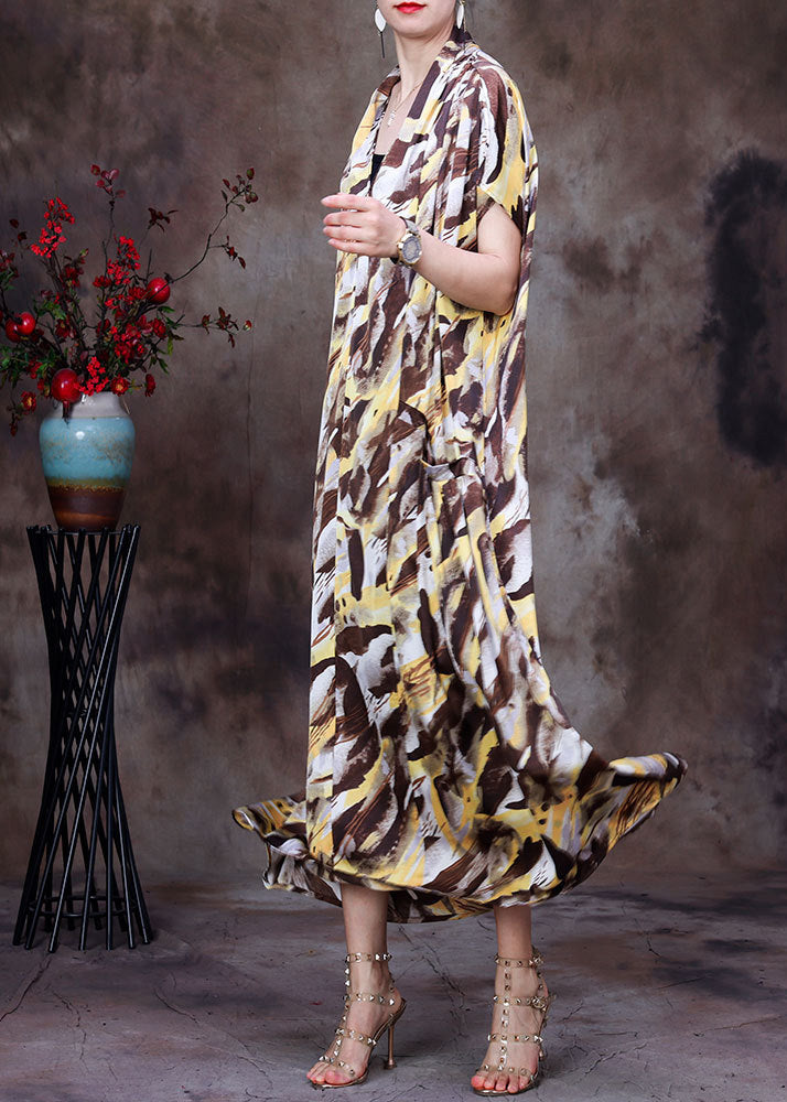 Style Coffee Yellow V Neck Camouflage Print Silk Holiday Long Dress Short Sleeve