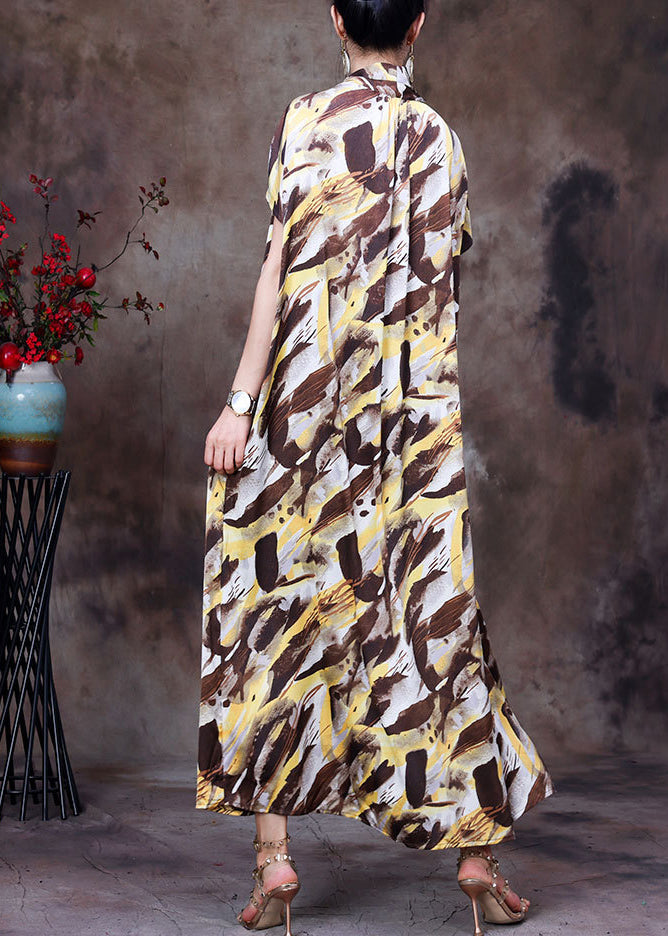 Style Coffee Yellow V Neck Camouflage Print Silk Holiday Long Dress Short Sleeve
