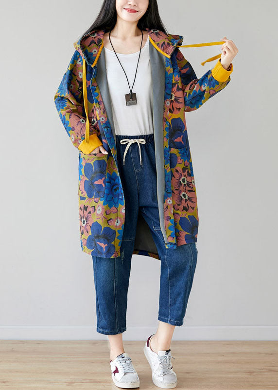 Style Colorblock Hooded Print Cotton Coat Spring