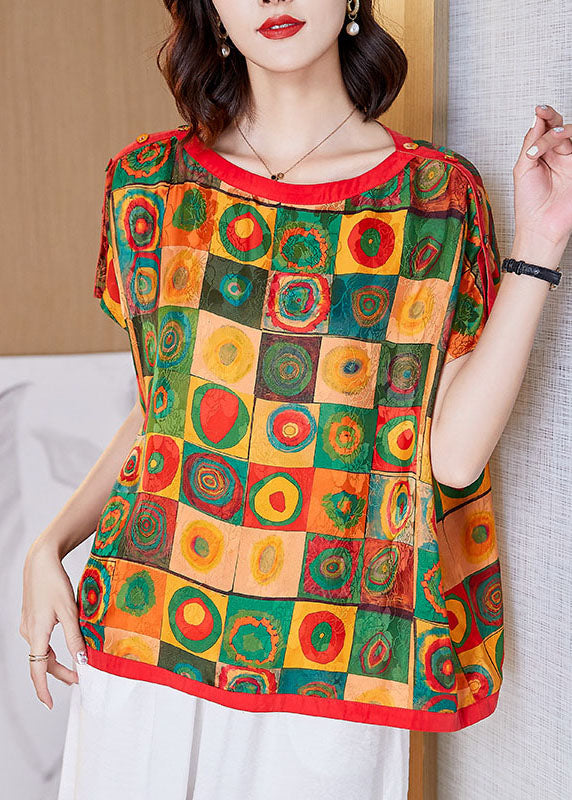 Style Colorblock O Neck Print Patchwork Silk T Shirt Tops Summer