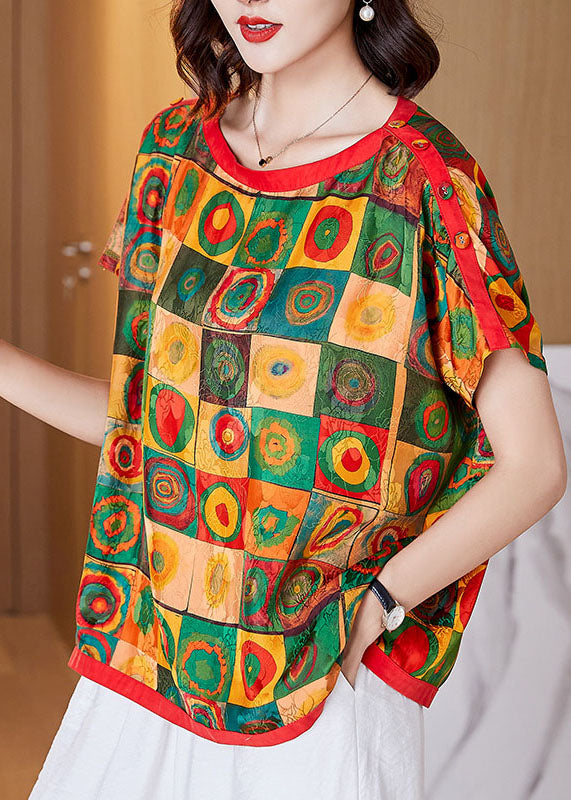 Style Colorblock O Neck Print Patchwork Silk T Shirt Tops Summer