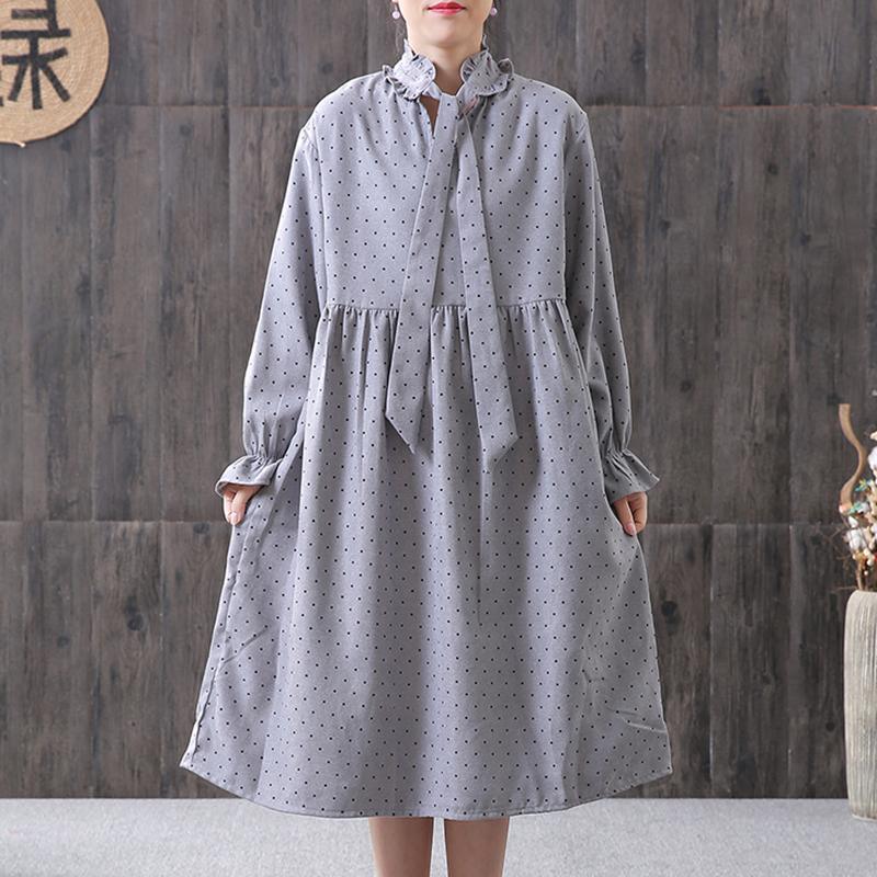 Style Cotton tunic pattern Gray Women Spring Small Dot Petal Sleeve Literary Dress - Omychic