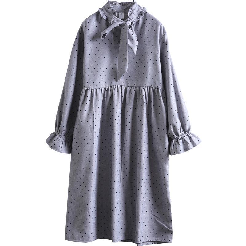Style Cotton tunic pattern Gray Women Spring Small Dot Petal Sleeve Literary Dress - Omychic