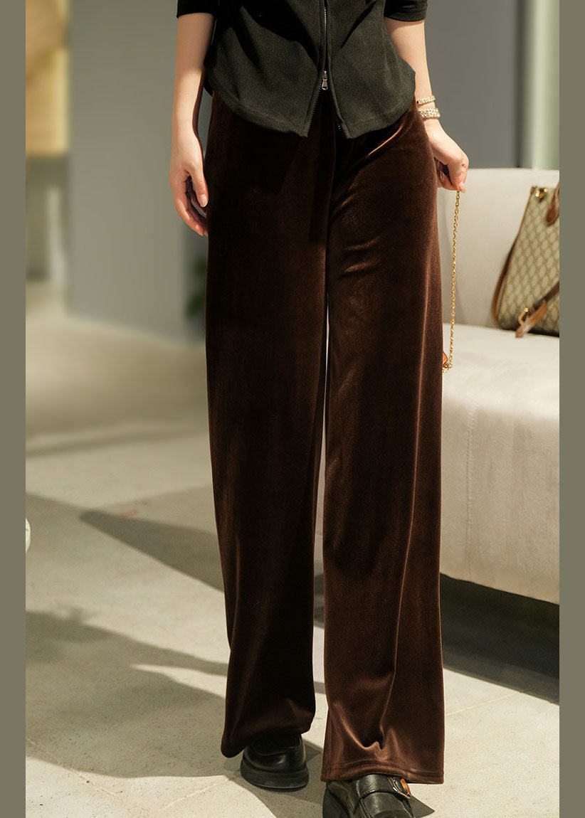 Style Dark Coffee Elastic Waist Draping Silk Velour Wide Leg Pants Winter