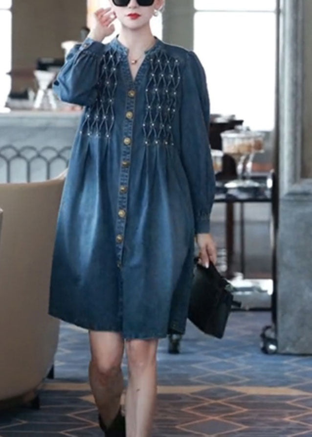 Style Denim Blue V Neck Patchwork Nail Bead Holiday Long Dress Fall