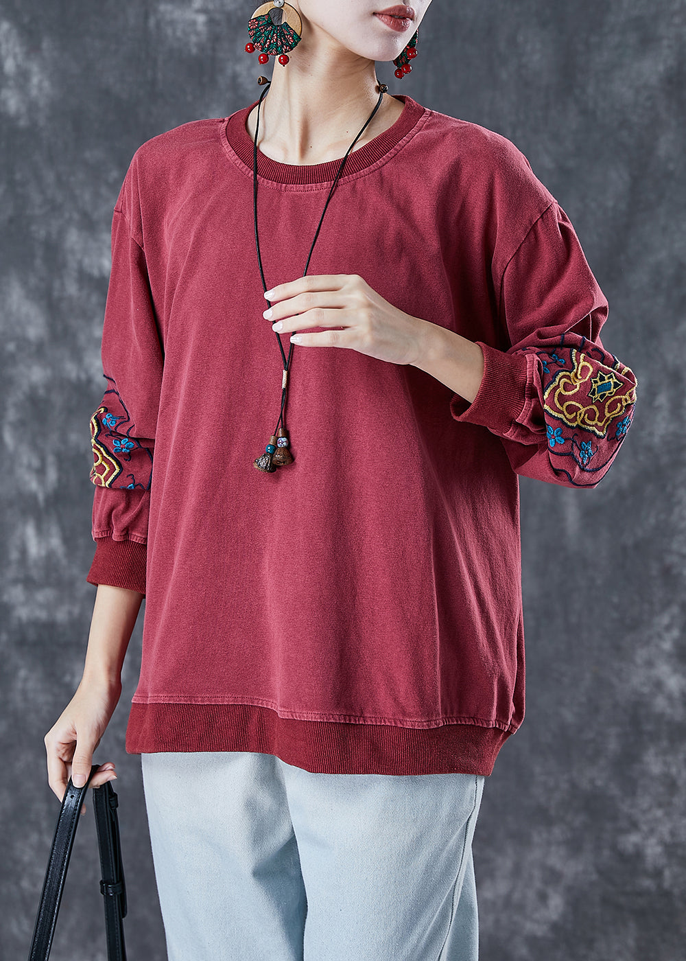 Style Dull Red Embroideried Cotton Loose Sweatshirts Top Fall