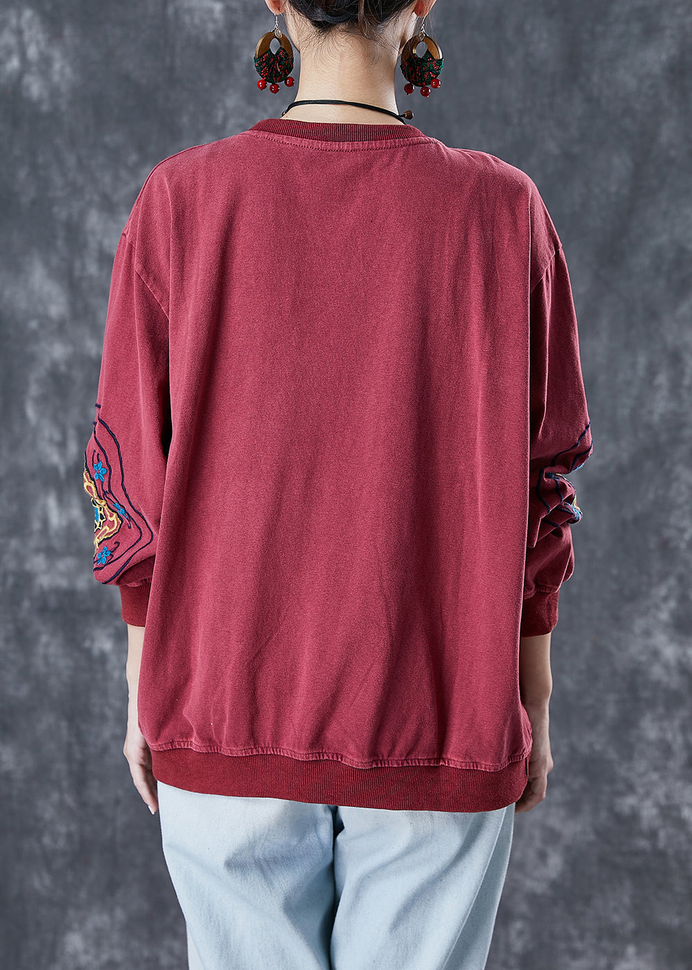 Style Dull Red Embroideried Cotton Loose Sweatshirts Top Fall