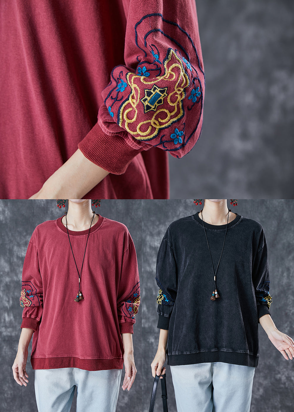 Style Dull Red Embroideried Cotton Loose Sweatshirts Top Fall