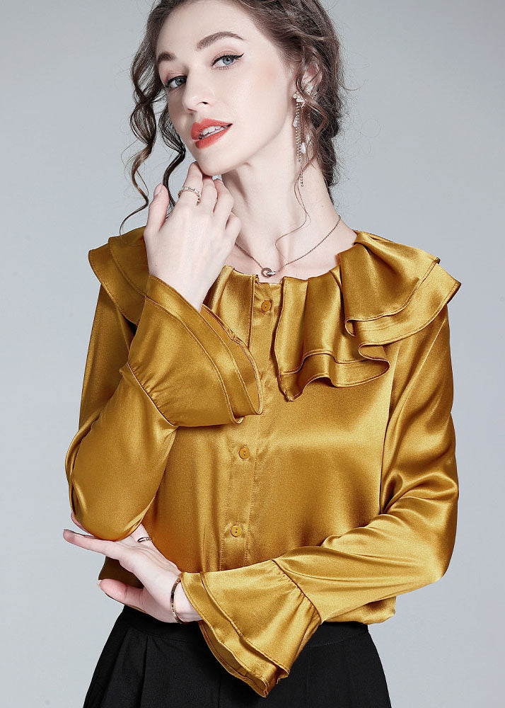 Style Gold Ruffled Patchwork Button Silk Shirt Flare Sleeve