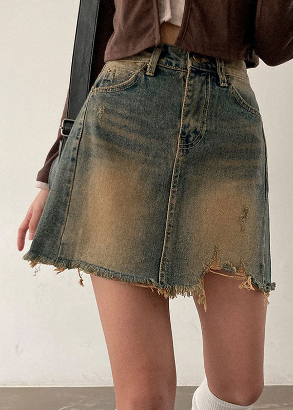 Style Gradient Color Pockets Asymmetrical Patchwork Denim Skirts Fall