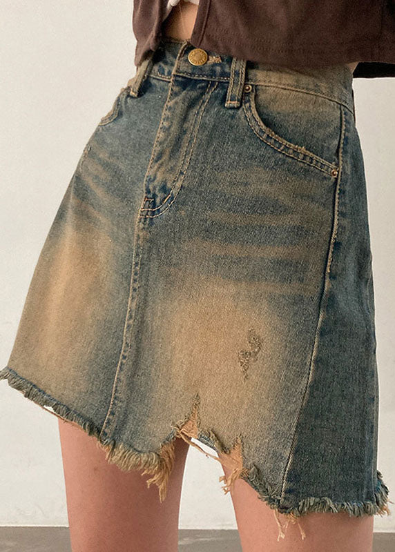 Style Gradient Color Pockets Asymmetrical Patchwork Denim Skirts Fall