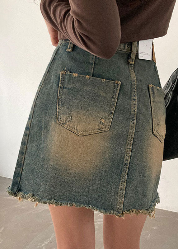 Style Gradient Color Pockets Asymmetrical Patchwork Denim Skirts Fall