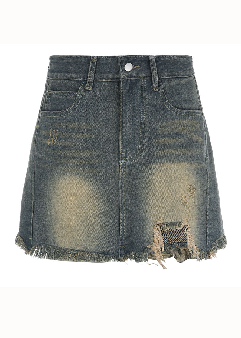 Style Gradient Color Pockets Asymmetrical Patchwork Denim Skirts Fall