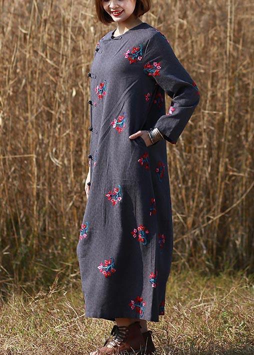 Style Gray Embroidery Tunic O Neck Chinese Button Maxi Spring Dress - Omychic