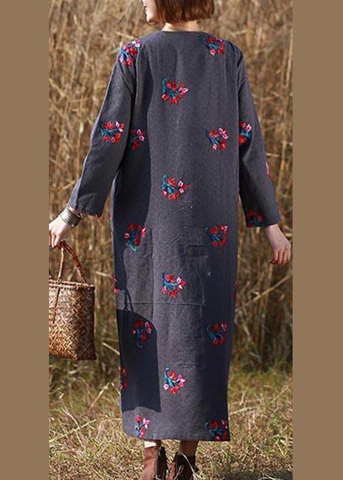 Style Gray Embroidery Tunic O Neck Chinese Button Maxi Spring Dress - Omychic