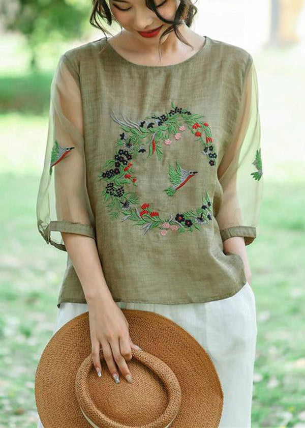 Style Green Embroideried Patchwork Hollow Out Linen Shirt Summer