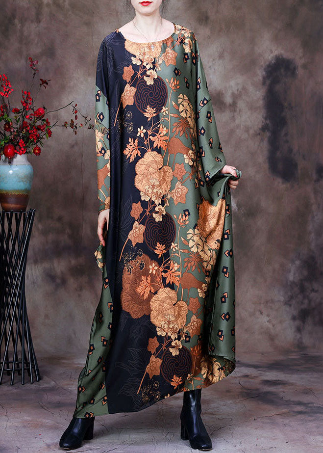 Style Green O-Neck Oversized Print Silk Vacation Dresses Batwing Sleeve