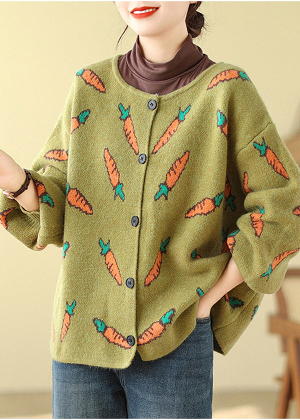 Style Green Oversized Print Knit Cardigans Spring