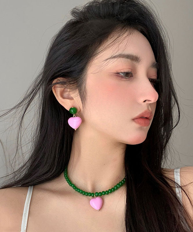 Style Green Pearl Alloy Pink Love Crystal Stud Earrings