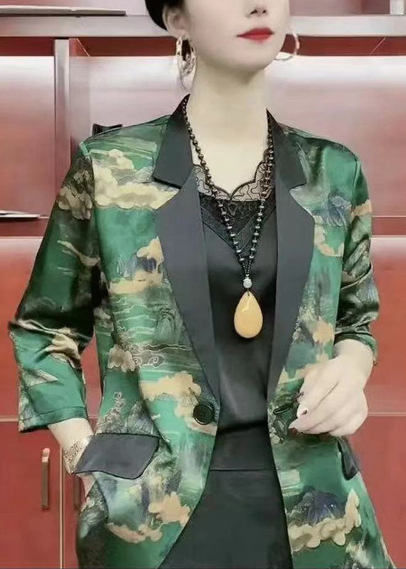 Style Green Peter Pan Collar Fitted Pockets Patchwork Silk Coats Bracelet Sleeve
