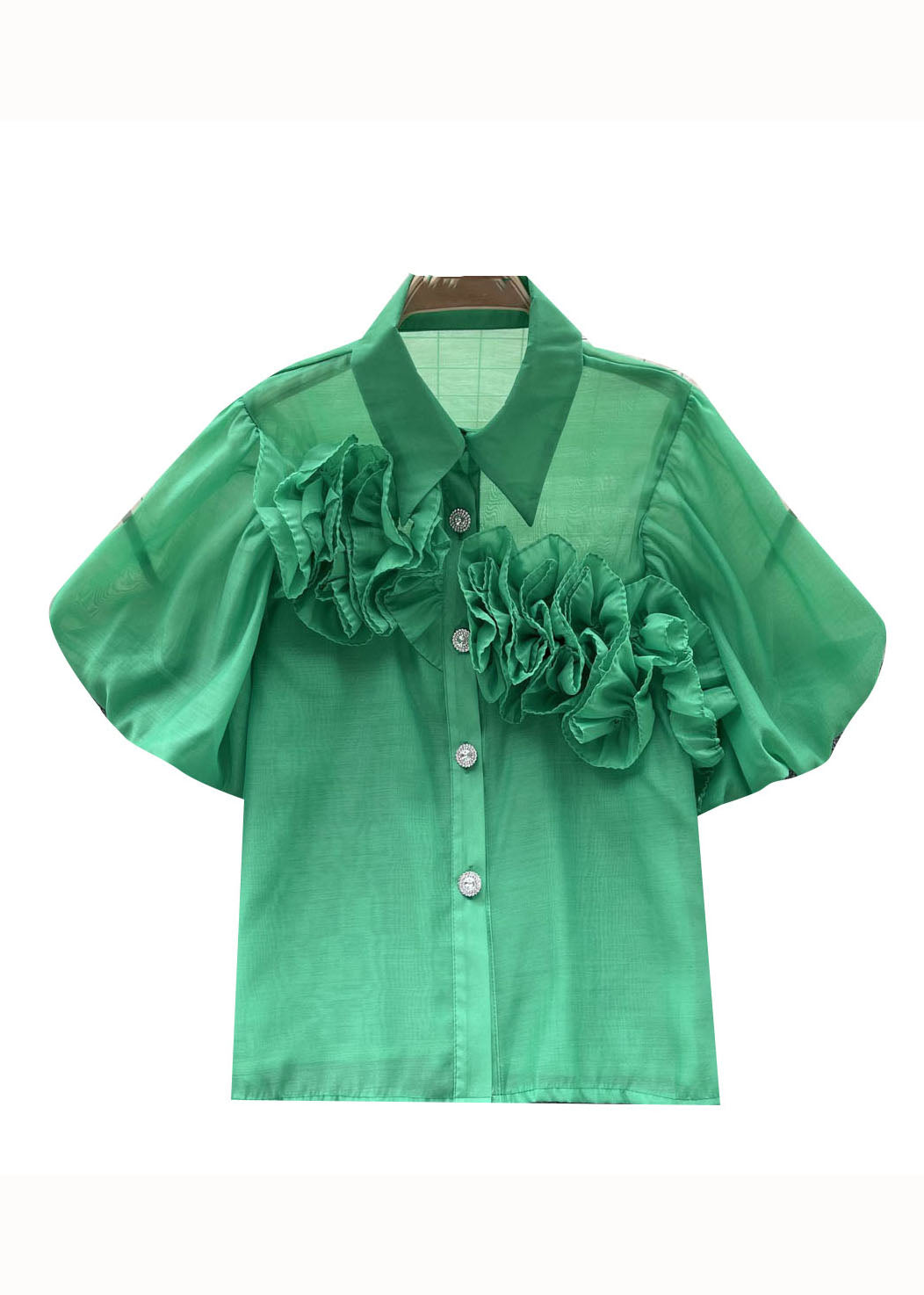 Style Green Peter Pan Collar Floral Patchwork Cotton Shirts Puff Sleeve