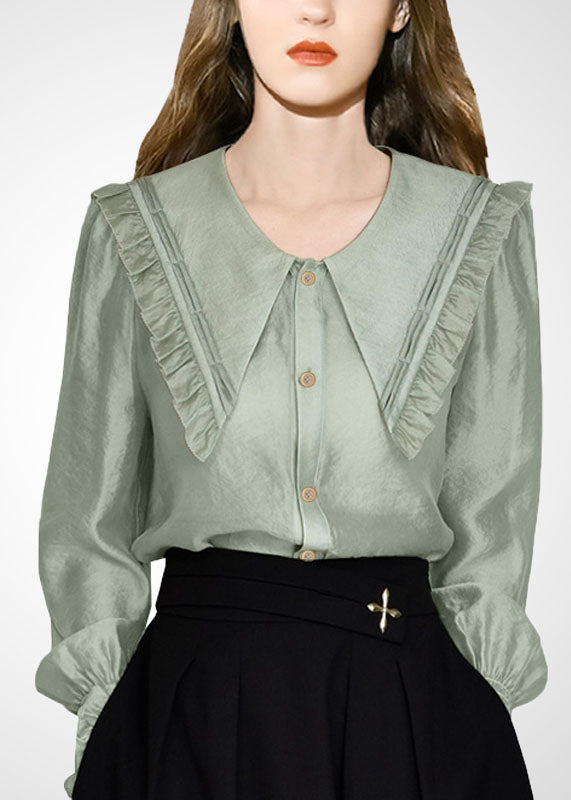 Style Green Peter Pan Collar Ruffled Shirt Tops Spring