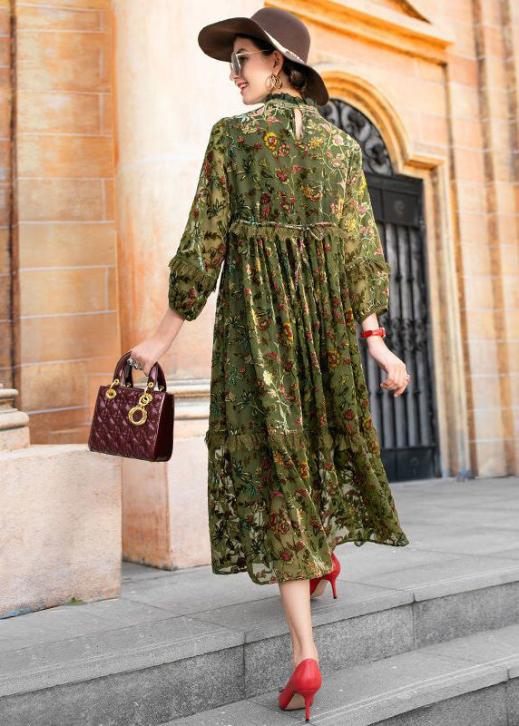 Style Green Ruffled Jacquard Patchwork Silk Velour Dresses Fall