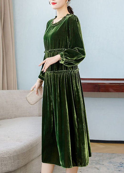 Style Green Ruffled Patchwork Velour Long Dresses Spring