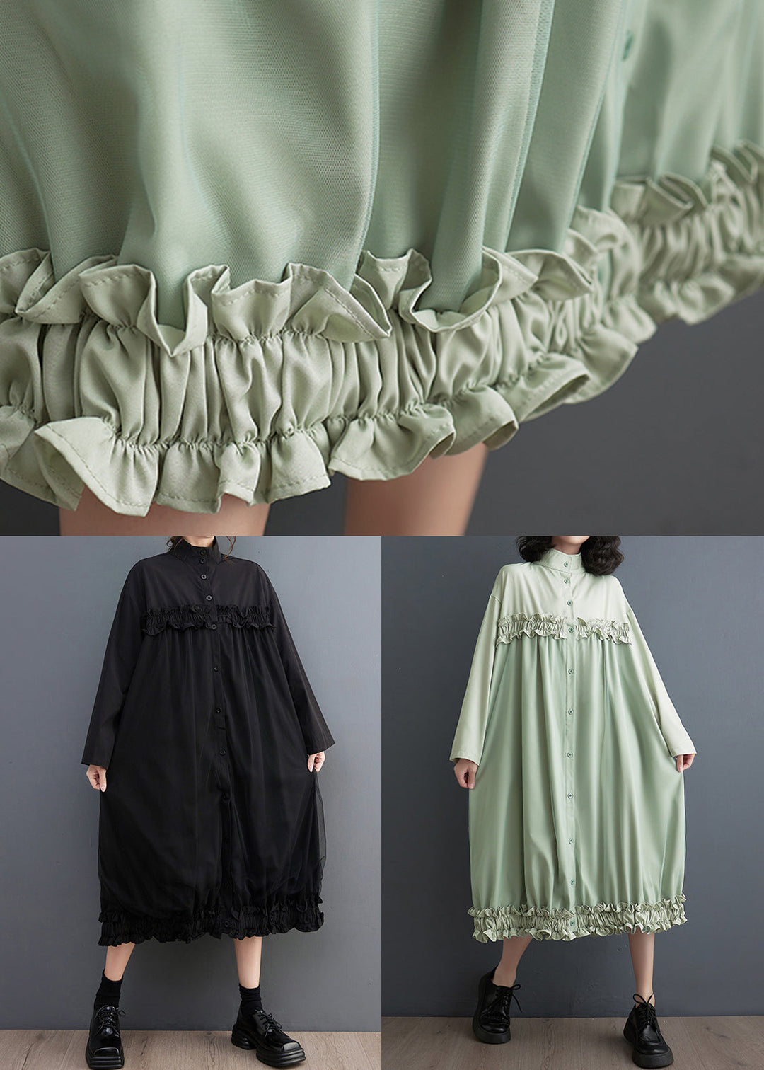 Style Green Ruffled Tulle Patchwork Blouses Long Dresses Fall
