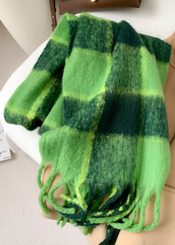 Style Green Tasseled Plaid Faux Cashmere Scarf