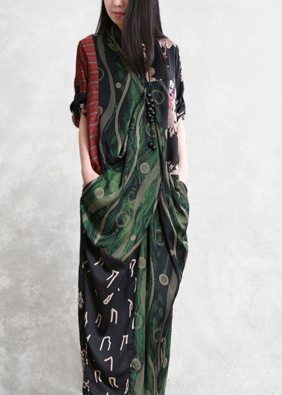 Style Green V Neck Patchwork Fall Print Maxi Dresses Long sleeve - Omychic