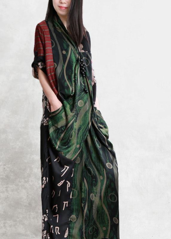 Style Green V Neck Patchwork Fall Print Maxi Dresses Long sleeve - Omychic