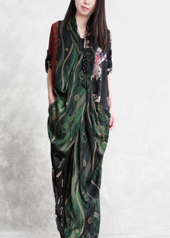 Style Green V Neck Patchwork Fall Print Maxi Dresses Long sleeve - Omychic