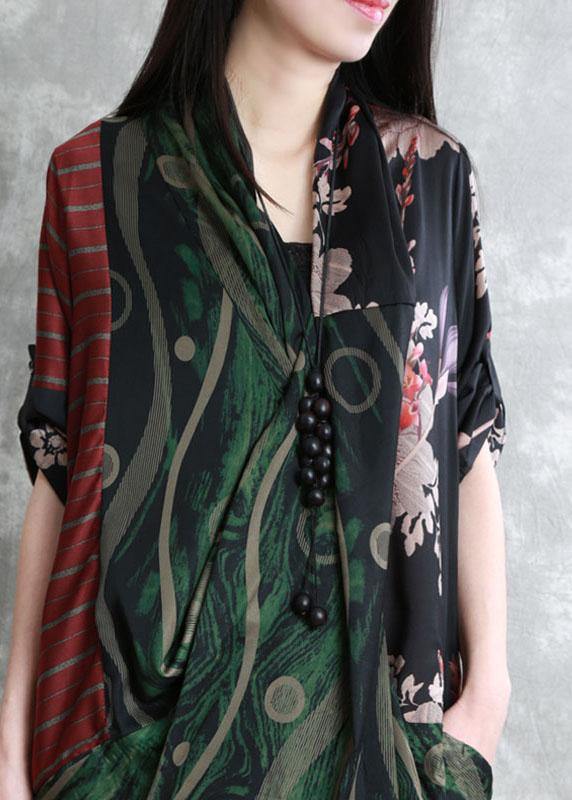 Style Green V Neck Patchwork Fall Print Maxi Dresses Long sleeve - Omychic