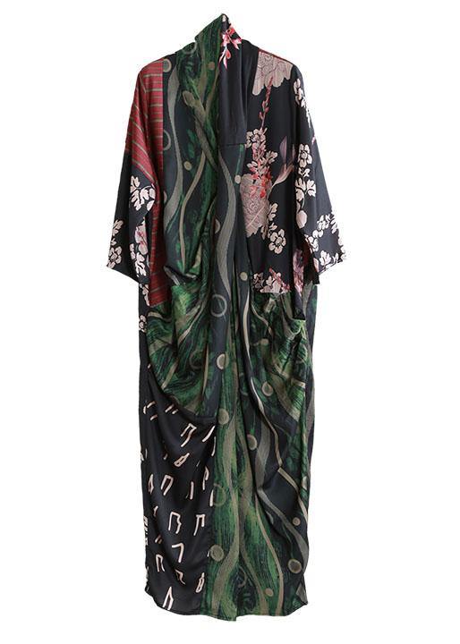 Style Green V Neck Patchwork Fall Print Maxi Dresses Long sleeve - Omychic