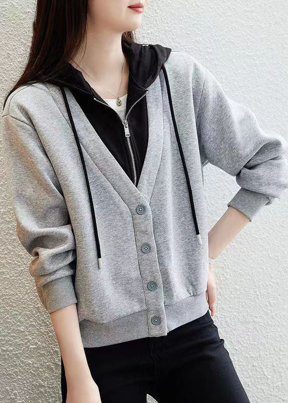 Style Grey Button Patchwork False Two Pieces Cotton Hooded Coat Fall