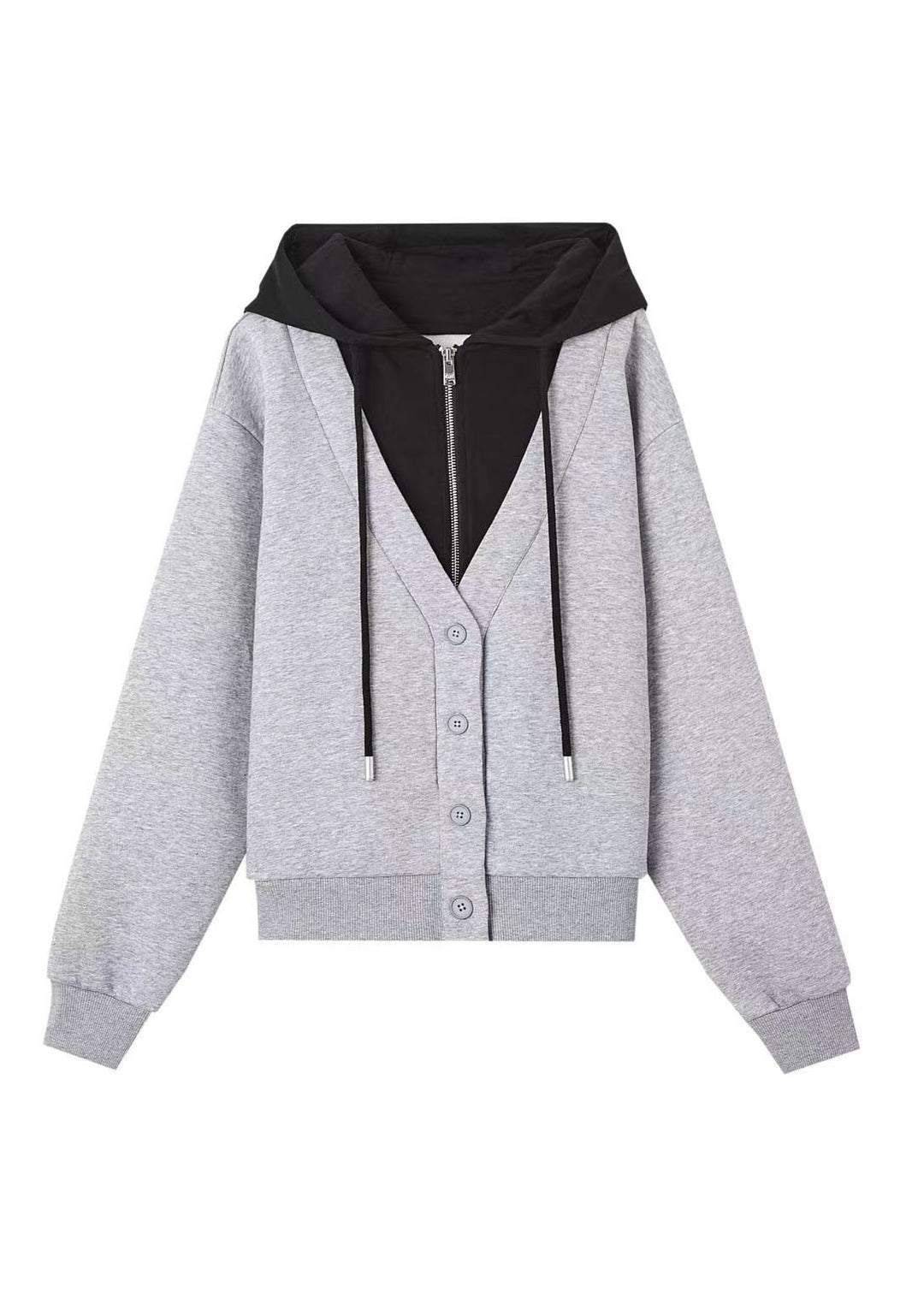 Style Grey Button Patchwork False Two Pieces Cotton Hooded Coat Fall