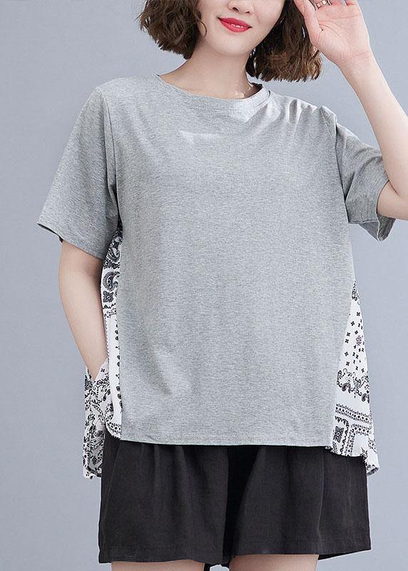 Style Grey Patchwork Print Half Sleeve Cotton Summer Tee - Omychic