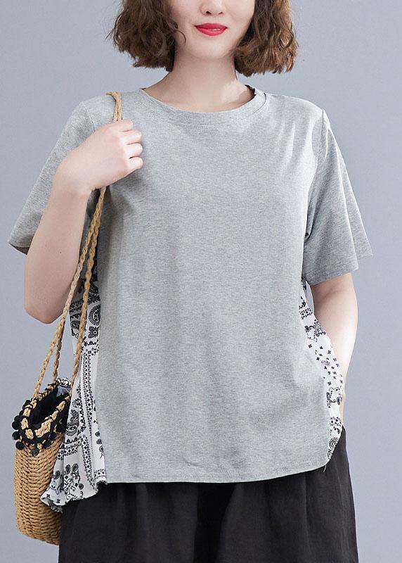 Style Grey Patchwork Print Half Sleeve Cotton Summer Tee - Omychic