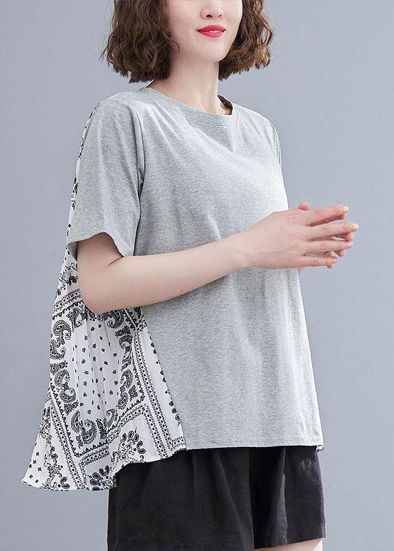 Style Grey Patchwork Print Half Sleeve Cotton Summer Tee - Omychic