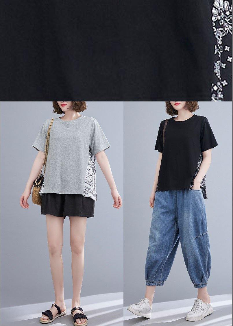 Style Grey Patchwork Print Half Sleeve Cotton Summer Tee - Omychic