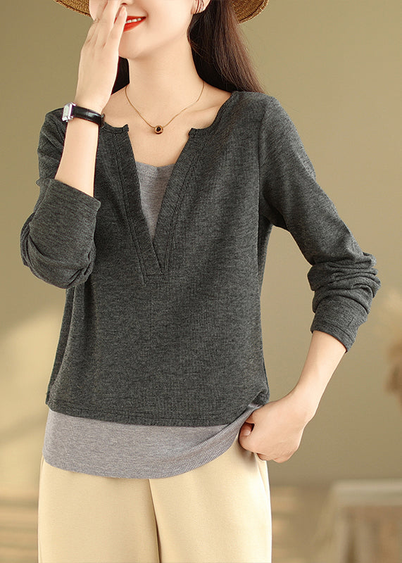 Style Grey V Neck Patchwork False Two Pieces Cotton T Shirts Fall