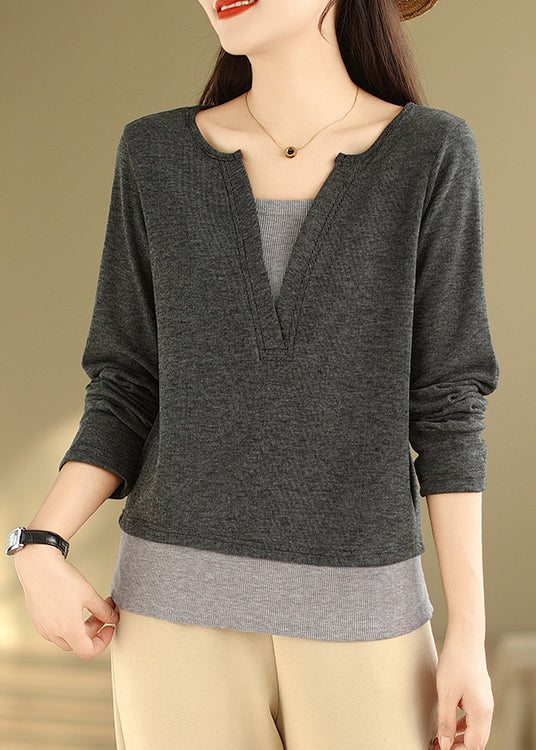 Style Grey V Neck Patchwork False Two Pieces Cotton T Shirts Fall